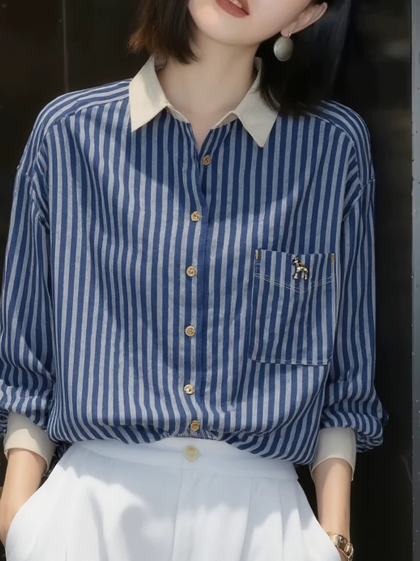 패치워크 색상 스트라이프 품격 우아함 POLO 칼라 셔츠 긴팔 작은 대중 Chic 디자인 센스 싱글 줄 버튼 셔츠 여성 상세 이미지 4