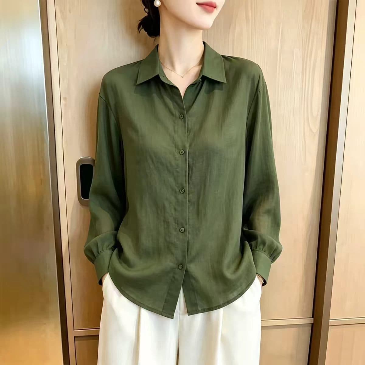 녹색 면 린넨 셔츠 여성 긴팔 가을 새로운 루즈핏 캐주얼 셔츠 폴로 칼라 스택 착용 재킷 맨위 상세 이미지 1