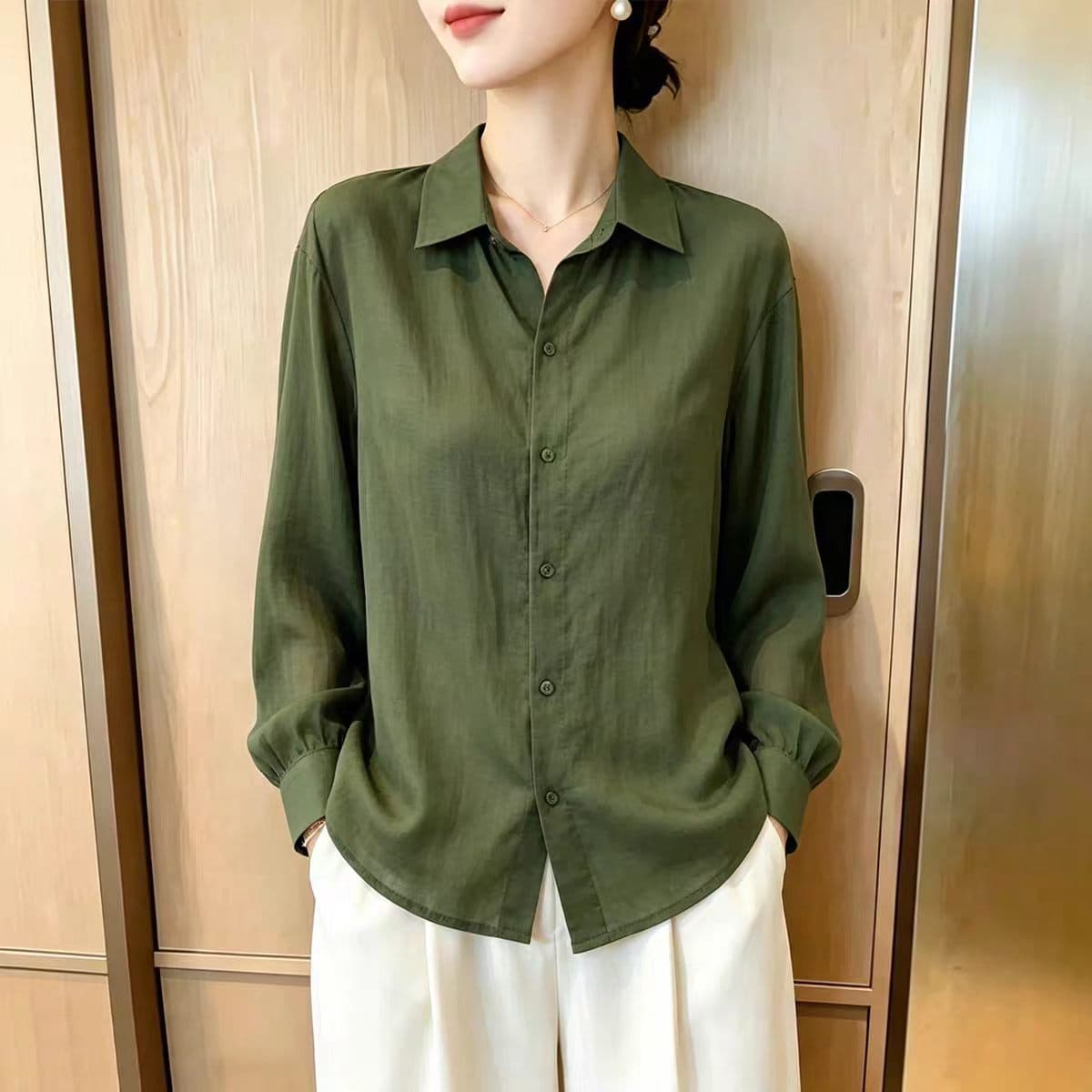 녹색 면 린넨 셔츠 여성 긴팔 가을 새로운 루즈핏 캐주얼 셔츠 폴로 칼라 스택 착용 재킷 맨위 상세 이미지 2