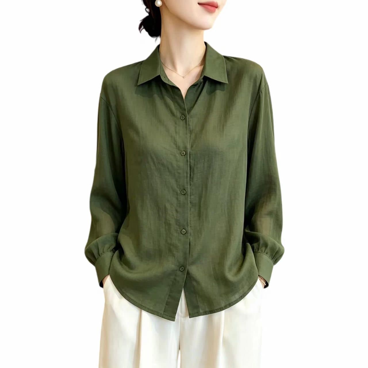 녹색 면 린넨 셔츠 여성 긴팔 가을 새로운 루즈핏 캐주얼 셔츠 폴로 칼라 스택 착용 재킷 맨위 상세 이미지 4