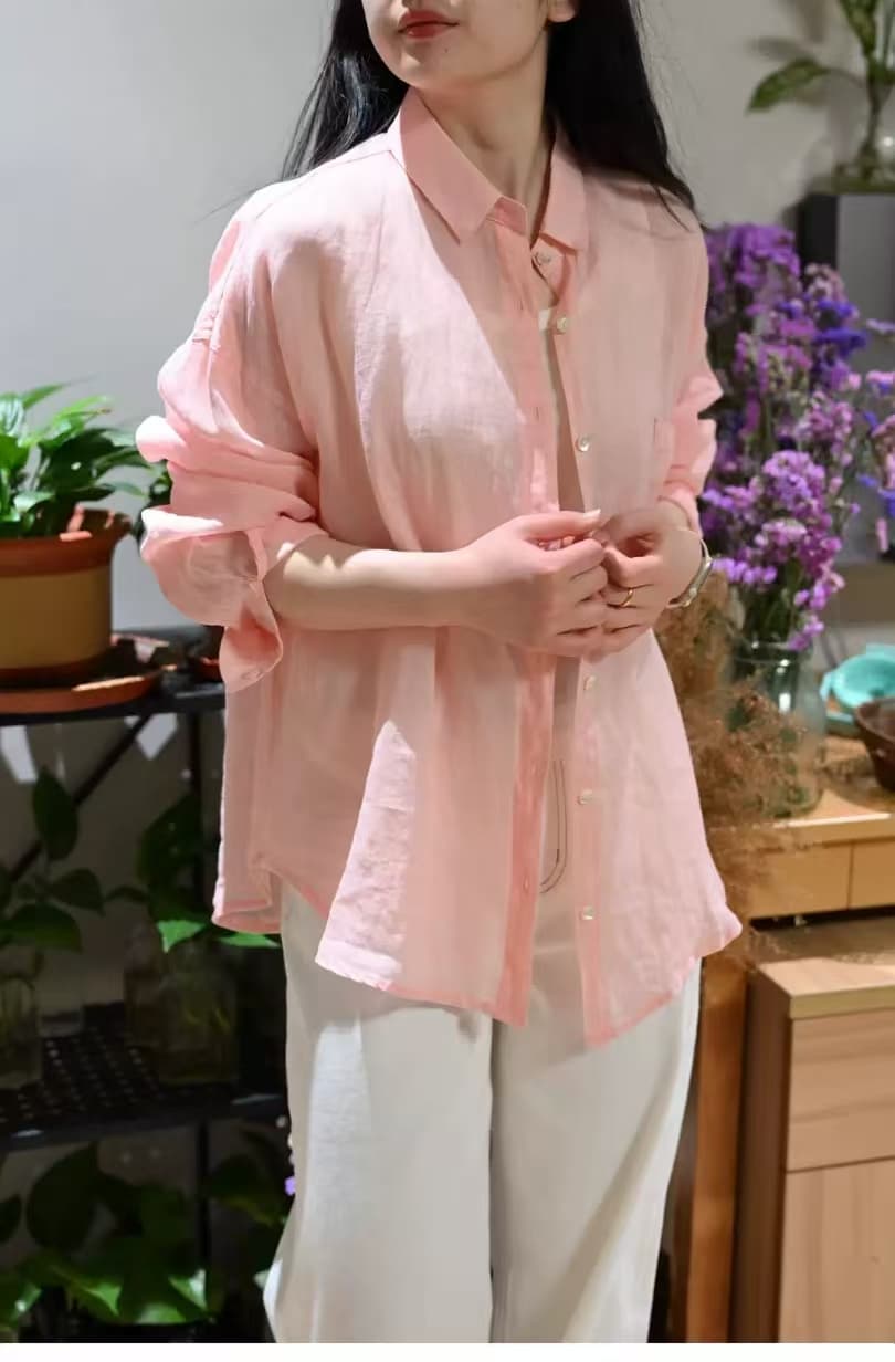 프랑스식 화이트 아마 오래된 돈 바람 여성 셔츠 여름 캐주얼 고급 느슨함 센스 면 린넨 셔츠 긴팔 자외선 차단 맨위 상세 이미지 3