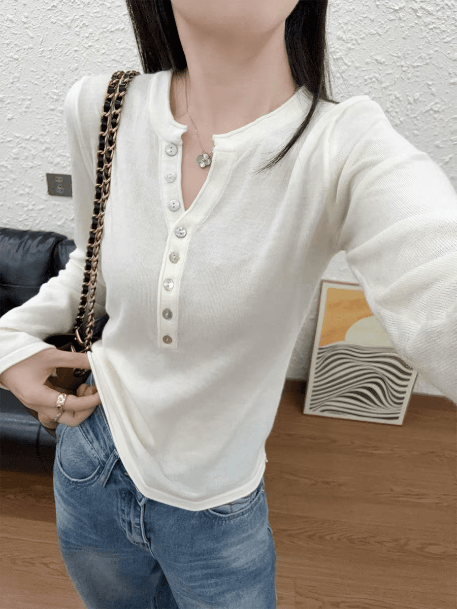 고급 센스 반 개방 칼라 긴팔 티셔츠 여성 가을 새로운 슬림해 보이는 인사이드 가져 가라. 만나는 니트 스웨터 맨위 상세 이미지 2