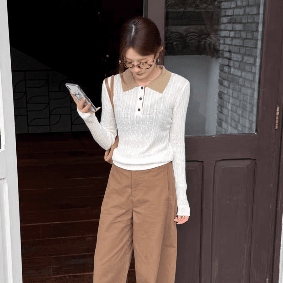 한 부서 레트로 트위스트 꽃 니트 스웨터 패치워크 색상 폴로 칼라 슬림해 보이는 긴팔 POLO 칼라 새로운 만나는 스웨터 여자 상세 이미지 3