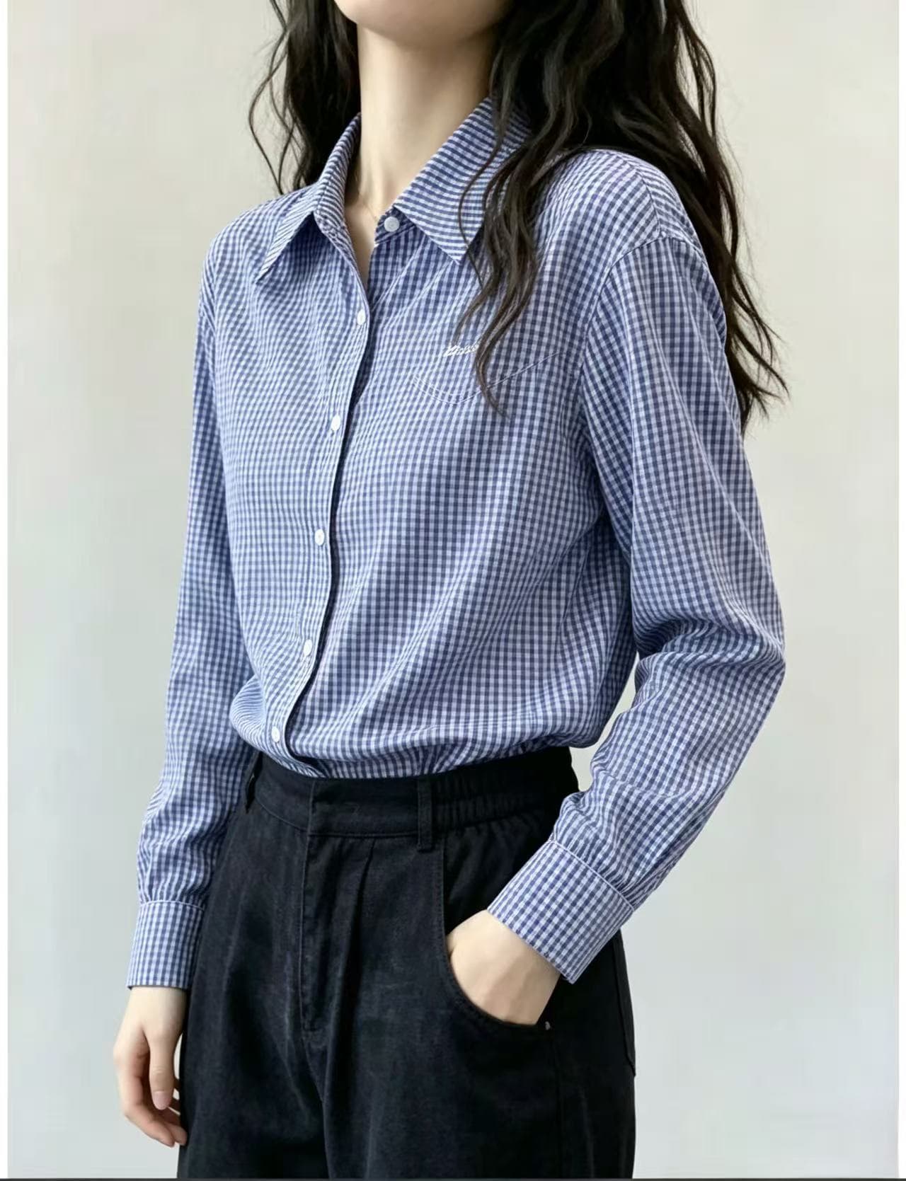 프랑스식 miu 부서 블루 체크무늬 여성 셔츠 2026 가을 의상 새로운 루즈핏 스택 착용 학원 스타일 자수 긴팔 셔츠 상세 이미지 2