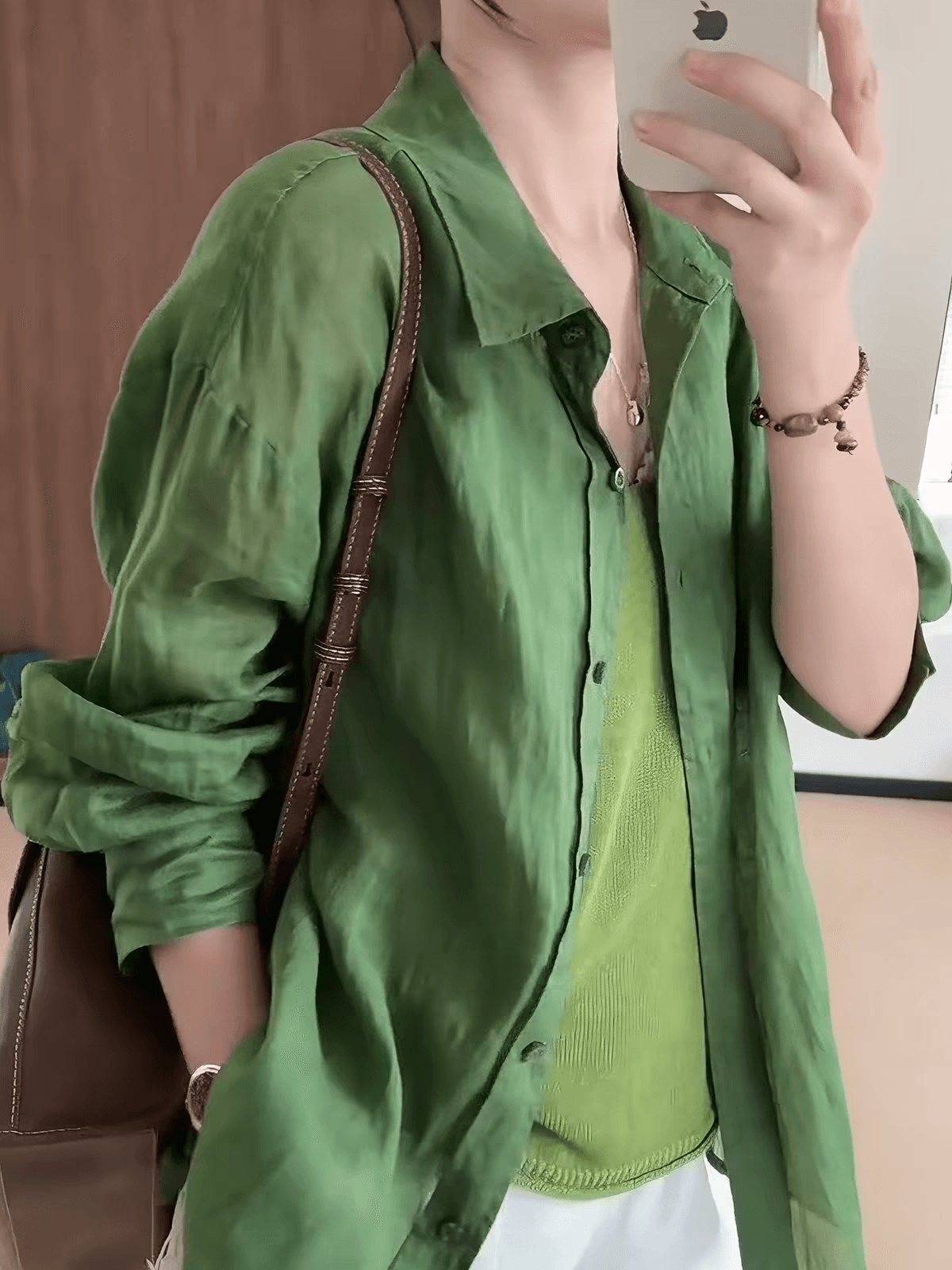 한국 녹색 라미 자외선 차단 셔츠 얇은 스타일 빛 럭셔리 고급 센스 프랑스식 느긋한 느슨함 센스 빅 사이즈 루즈핏 셔츠 상세 이미지 4