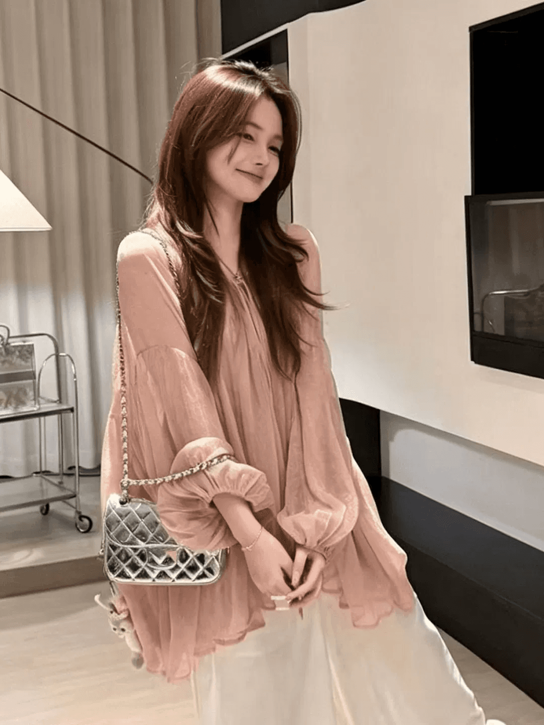 프랑스식 핑크색 우아한 벌룬 소매 쉬폰 셔츠 여름 얇고 가벼운 통기성 자외선 차단 블라우스 불규칙 긴팔 맨위 상세 이미지 2