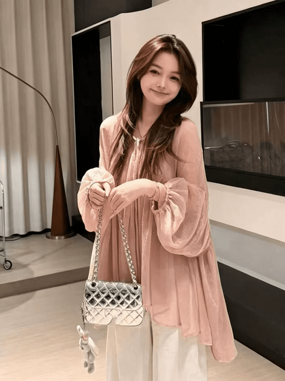 프랑스식 핑크색 우아한 벌룬 소매 쉬폰 셔츠 여름 얇고 가벼운 통기성 자외선 차단 블라우스 불규칙 긴팔 맨위 상세 이미지 4