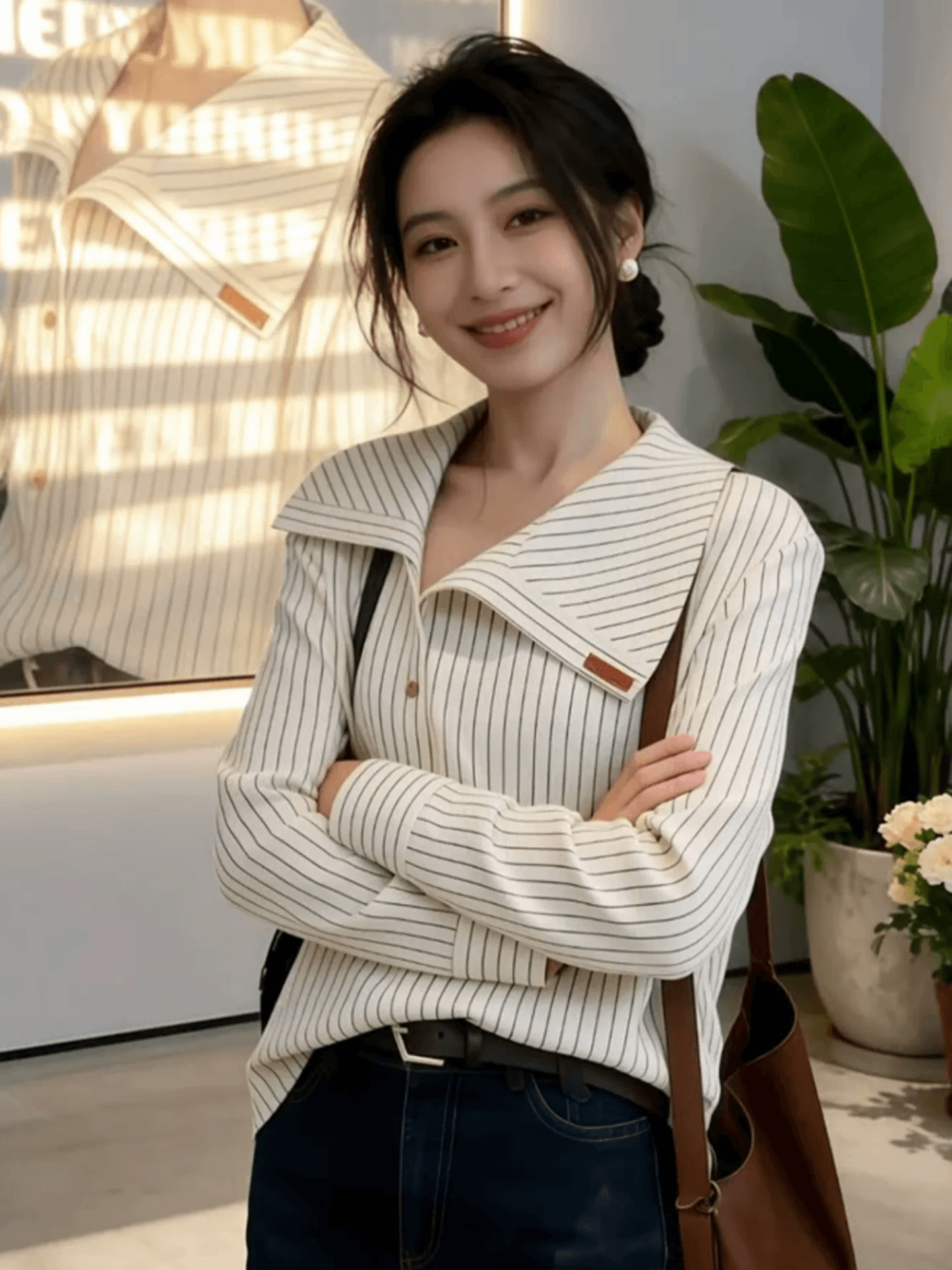 불규칙 폴로 칼라 스트라이프 여성 셔츠 디자인 센스 긴팔 셔츠 2026 새로운 봄 가을 고급 센스 품격 맨위 상세 이미지 1