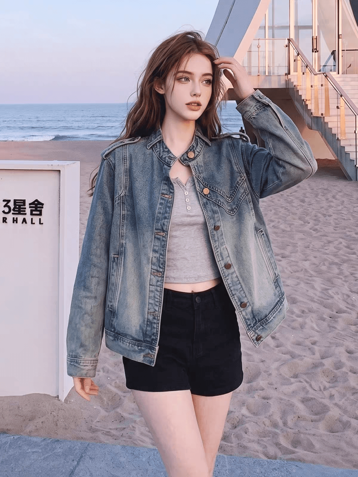 아메리칸 레트로 오토바이 바람 스탠드 칼라 데님 여성 코트 가을 2026 새로운 루즈핏 쇼트 스타일 재킷 캐주얼 맨위 이미지 4