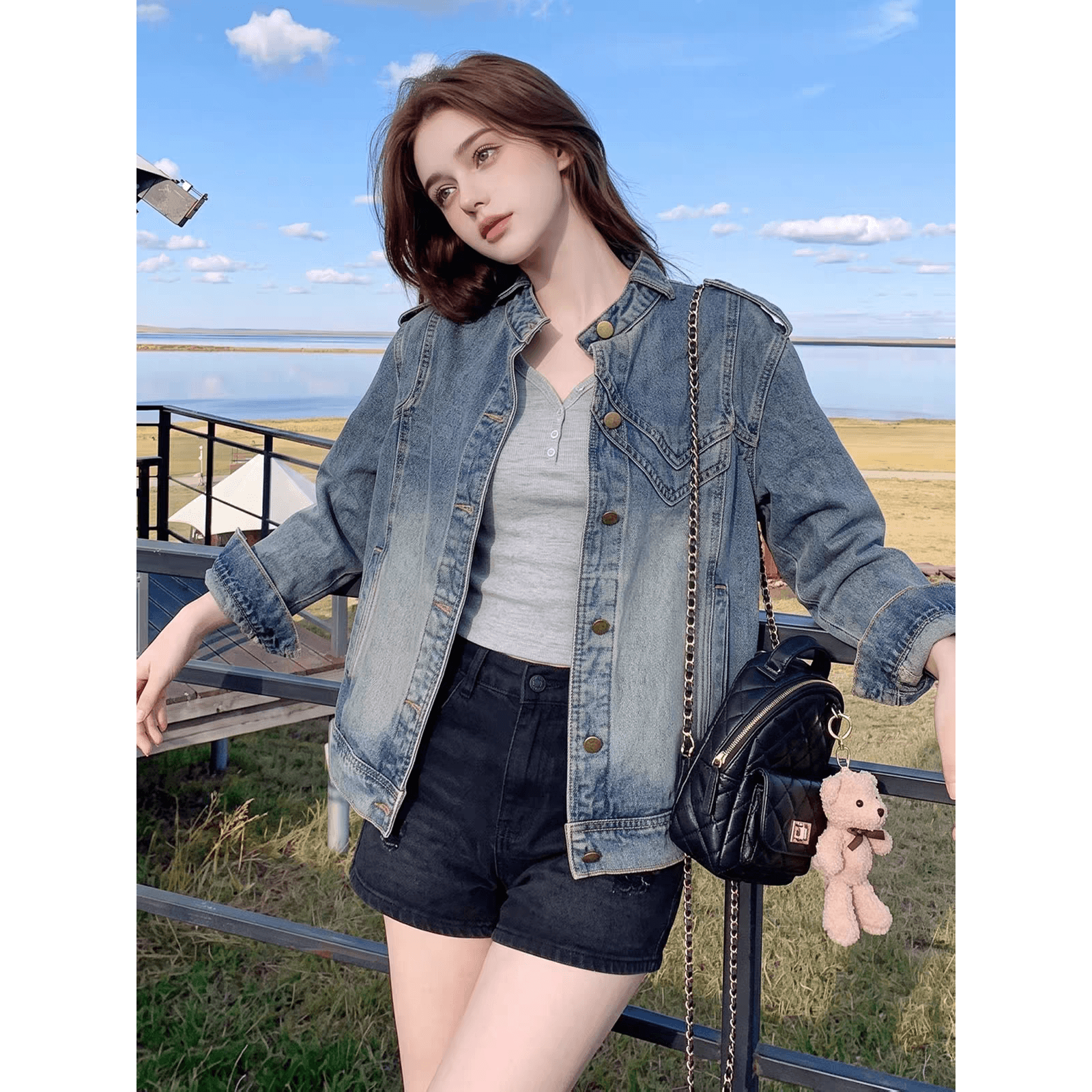 아메리칸 레트로 오토바이 바람 스탠드 칼라 데님 여성 코트 가을 2026 새로운 루즈핏 쇼트 스타일 재킷 캐주얼 맨위 이미지 5
