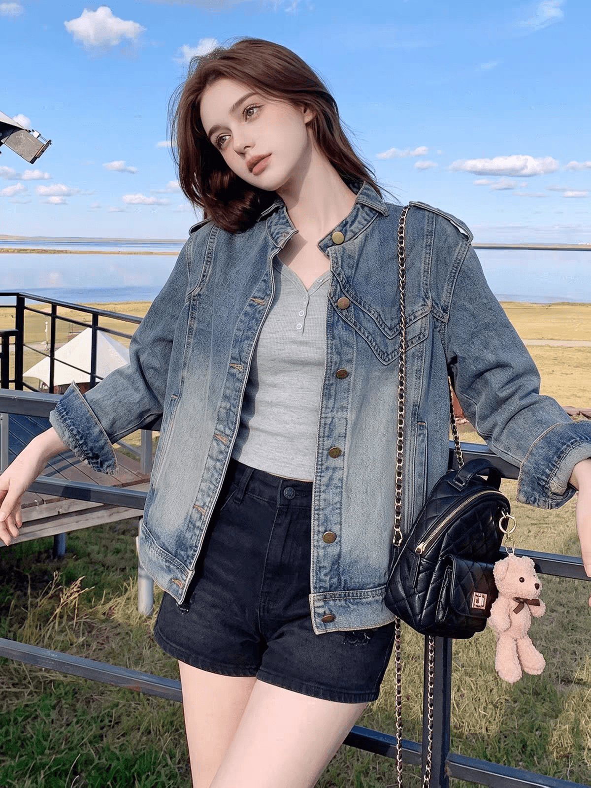 아메리칸 레트로 오토바이 바람 스탠드 칼라 데님 여성 코트 가을 2026 새로운 루즈핏 쇼트 스타일 재킷 캐주얼 맨위 상세 이미지 5