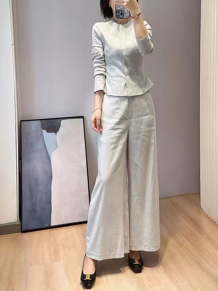 자이언트 잘 생긴 ~ 중 이른 가을 전체 집합 관대 한 점잖은 품격 고급 작은 샤넬 스타일 꼬집기 허리 밝은 회색 색상 셔츠 세트 바지 이미지 4