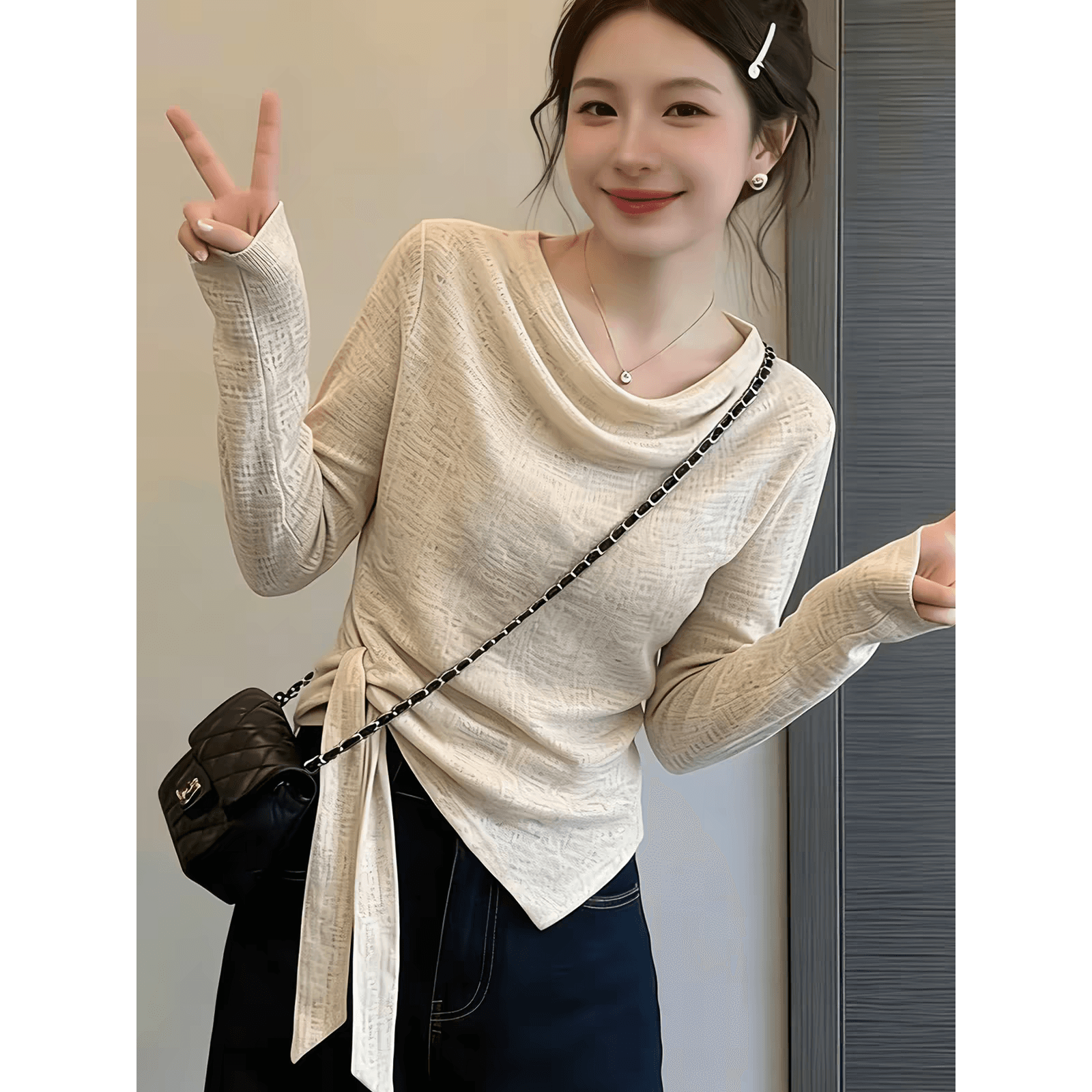 프랑스식 흔들다 칼라 긴팔 스트랩 허리 수축 슬림해 보이는 품격 티셔츠 가을 불규칙 밑단 연령 감소 단색 맨위 여성 이미지 5