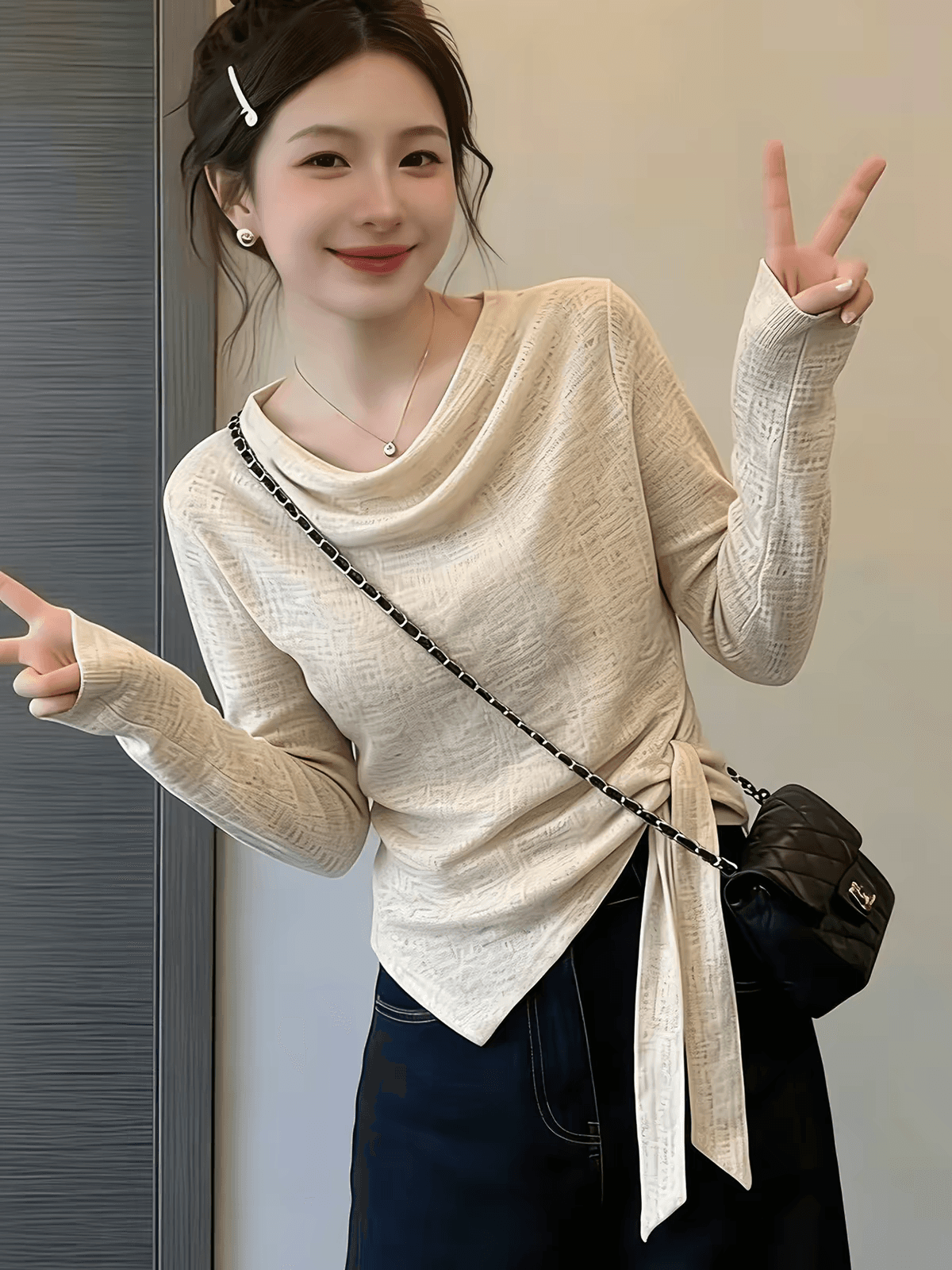 프랑스식 흔들다 칼라 긴팔 스트랩 허리 수축 슬림해 보이는 품격 티셔츠 가을 불규칙 밑단 연령 감소 단색 맨위 여성 상세 이미지 2