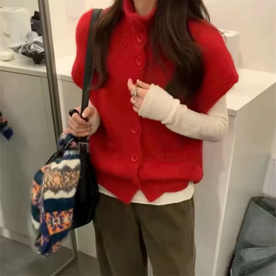 한 부서 외국 가스 빨간색 분위기 센스 반팔 어깨 스웨터 조끼 여성 작은 대중 디자인 센스 연령 감소 슬림해 보이는 맨위 트렌디 상세 이미지 5