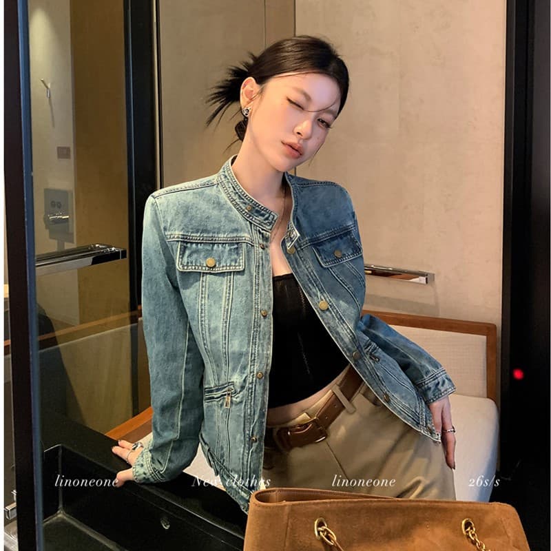 linoneone 반항적 인 아메리칸 무거운 작업 워싱 마 오래된 편안함 면 100% 파란색 데님 재킷 재킷 경량 상세 이미지 5