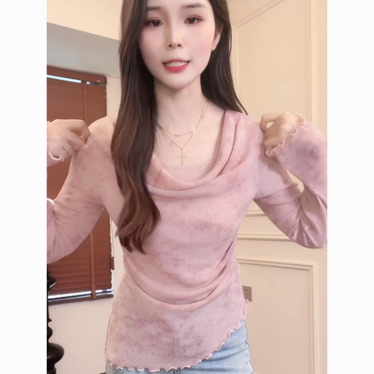 이른 가을 흔들다 칼라 망사 긴팔 티셔츠 여성 홀치기 염색 헤일로 염색 프릴 몸매 가꾸기 슬림해 보이는 불규칙 기본 셔츠 맨위 상세 이미지 2