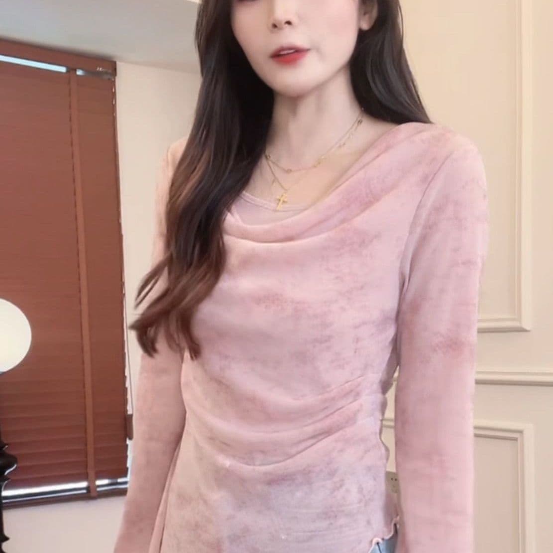 이른 가을 흔들다 칼라 망사 긴팔 티셔츠 여성 홀치기 염색 헤일로 염색 프릴 몸매 가꾸기 슬림해 보이는 불규칙 기본 셔츠 맨위 상세 이미지 3
