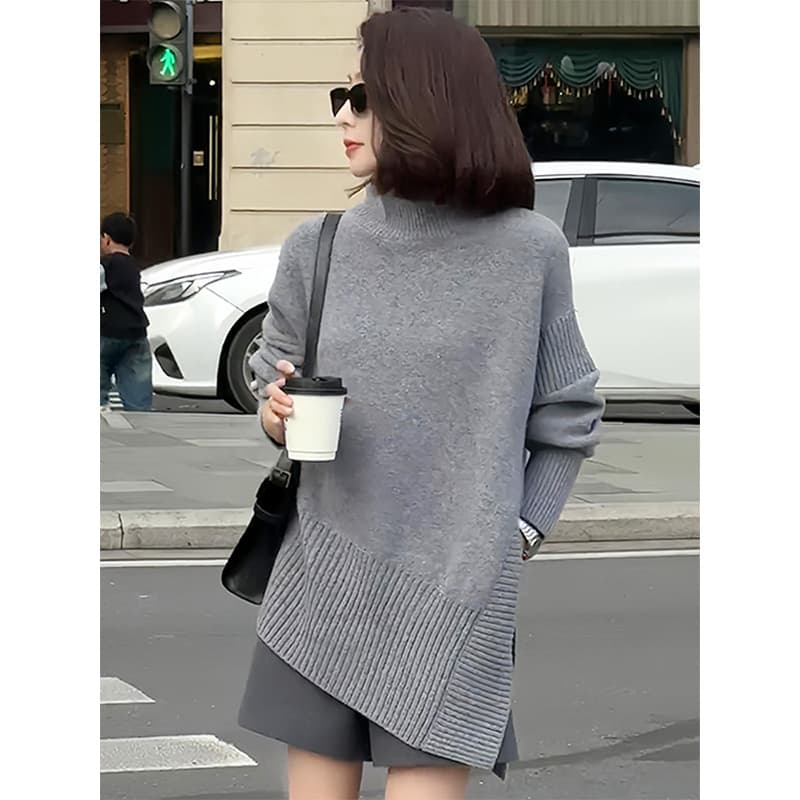 회색 터틀넥 스웨터 한 부서 고급 센스 회색 터틀넥 스웨터 여자 가을 겨울 새로운 트임 루즈핏 빅 사이즈 중간 길이 상세 이미지 1