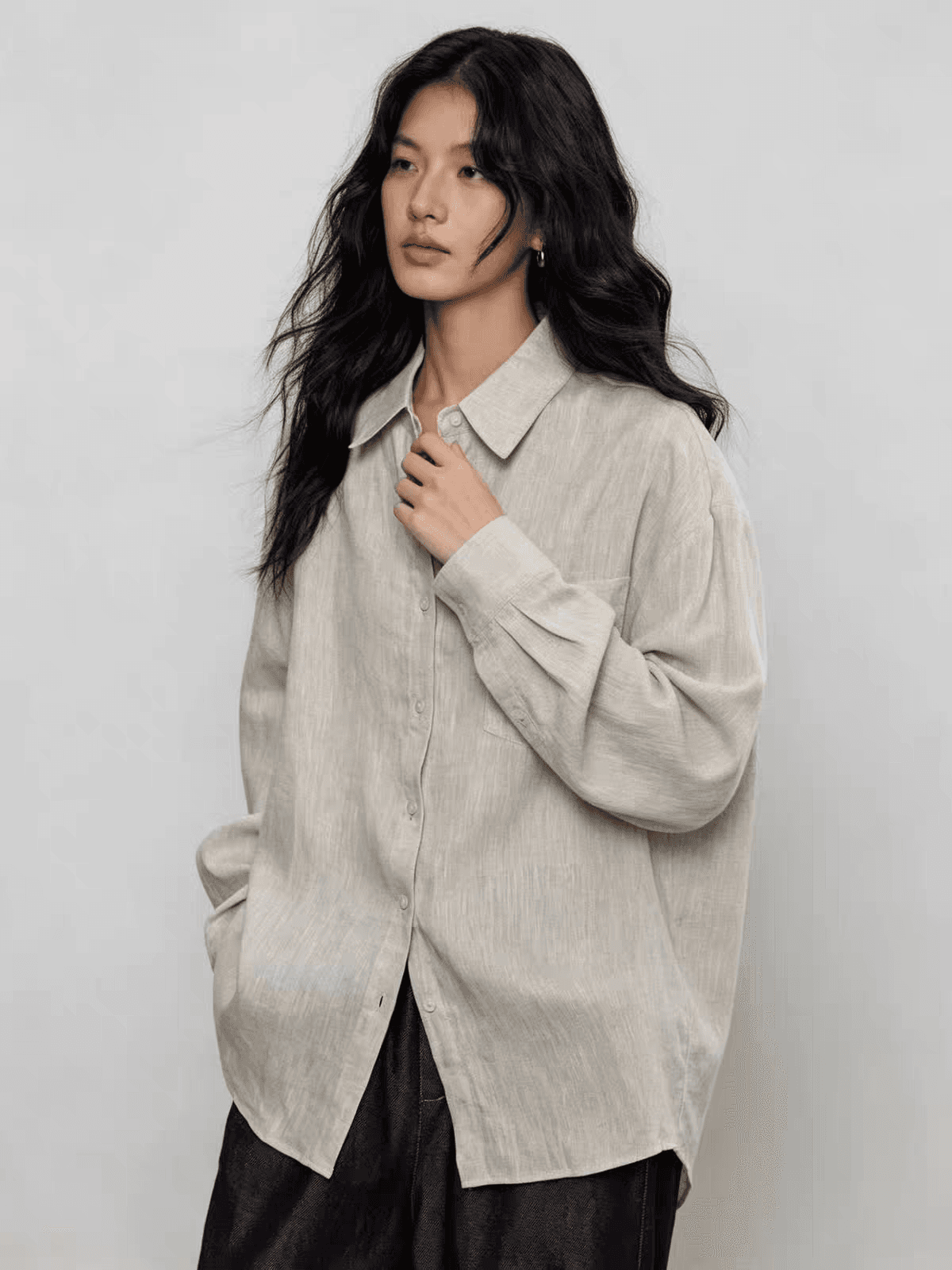 가을 아마 블루 긴팔 여성 셔츠 새로운 레트로 고급 센스 출퇴근 오래된 돈 바람 캐주얼 셔츠 맨위 이미지 2