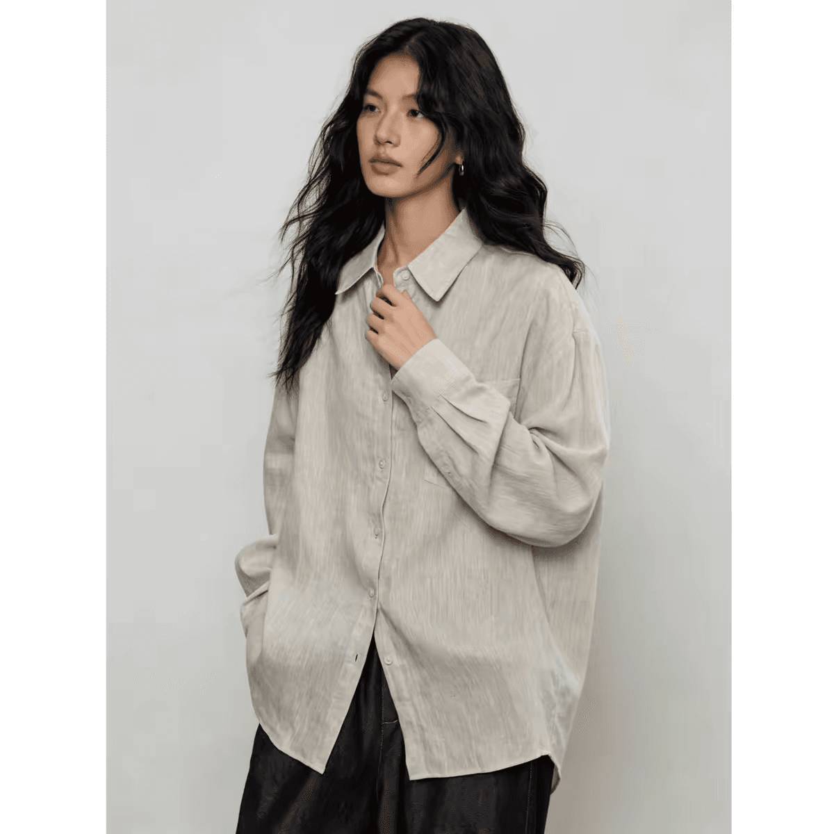 가을 아마 블루 긴팔 여성 셔츠 새로운 레트로 고급 센스 출퇴근 오래된 돈 바람 캐주얼 셔츠 맨위 이미지 5