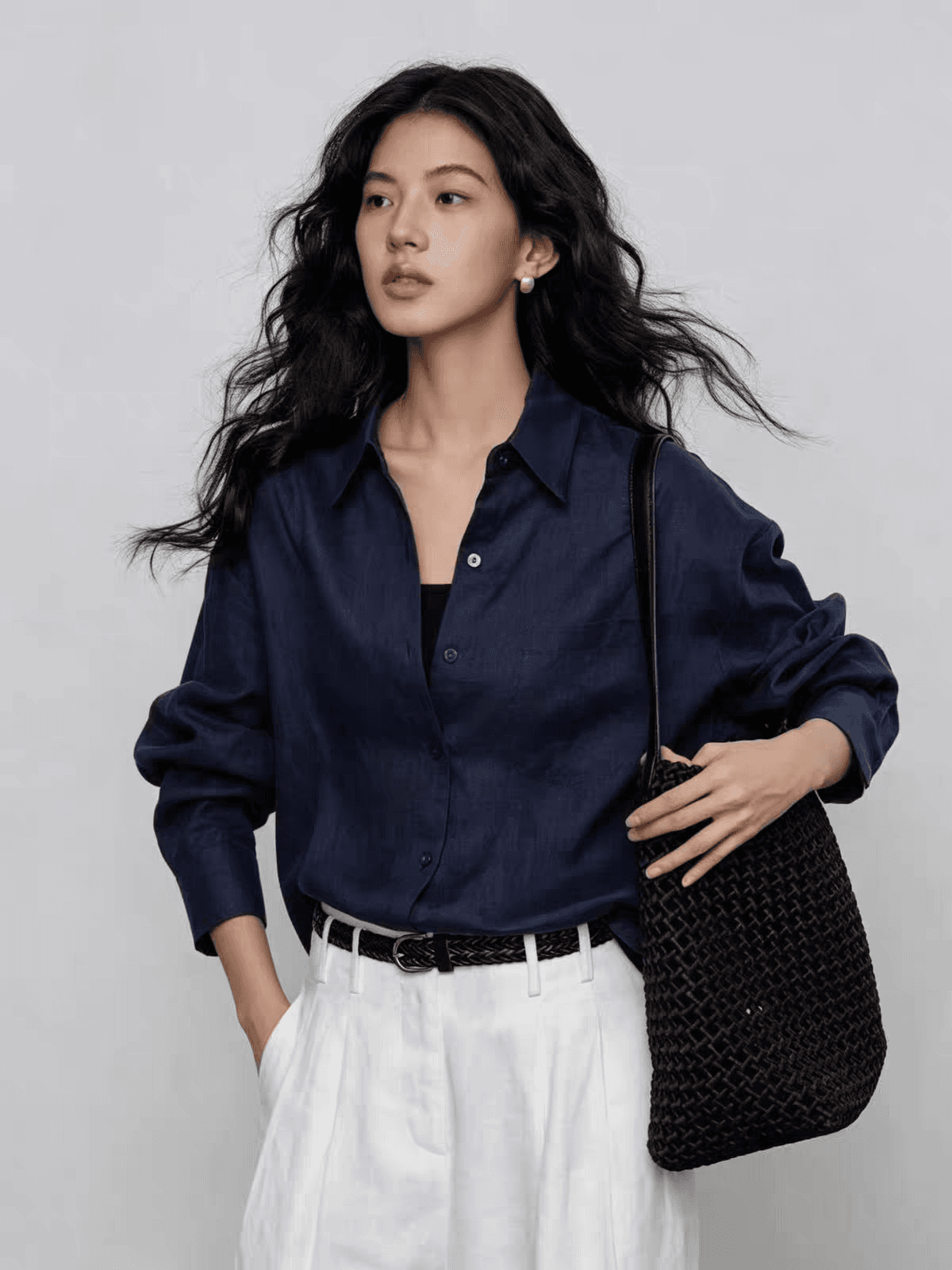 가을 아마 블루 긴팔 여성 셔츠 새로운 레트로 고급 센스 출퇴근 오래된 돈 바람 캐주얼 셔츠 맨위 상세 이미지 1