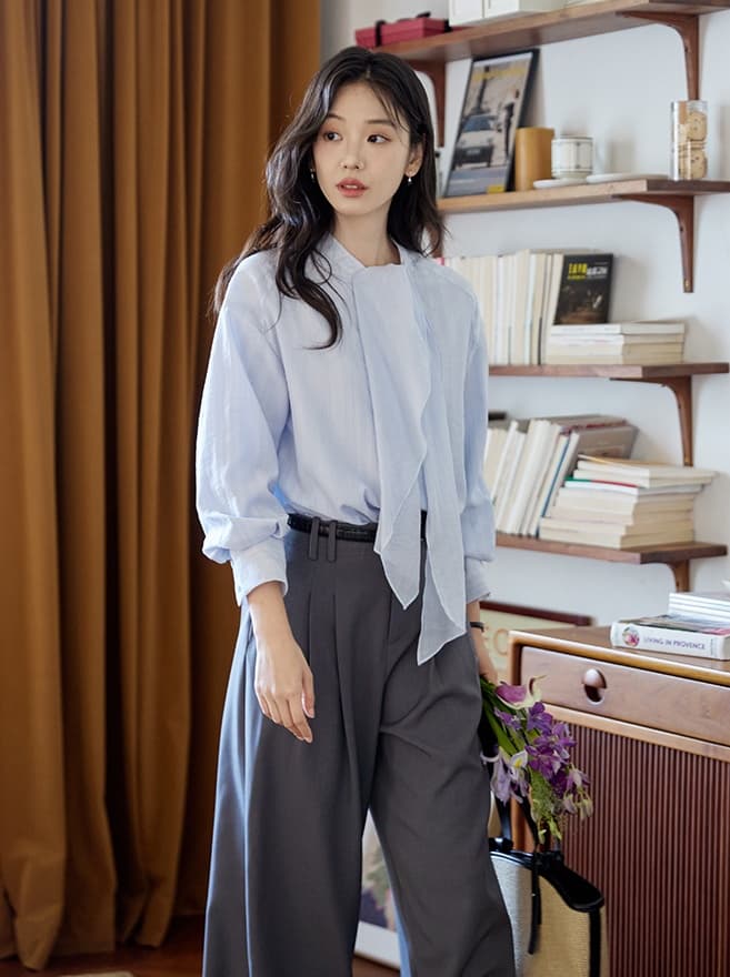 파란색 리본 가을 어깨 스트라이프 긴팔 주간 실크 여성 셔츠 가을 프랑스식 레트로 품격 맨위