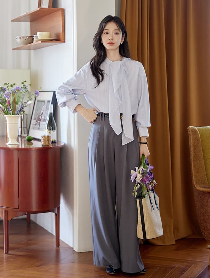 파란색 리본 가을 어깨 스트라이프 긴팔 주간 실크 여성 셔츠 가을 프랑스식 레트로 품격 맨위 이미지 2