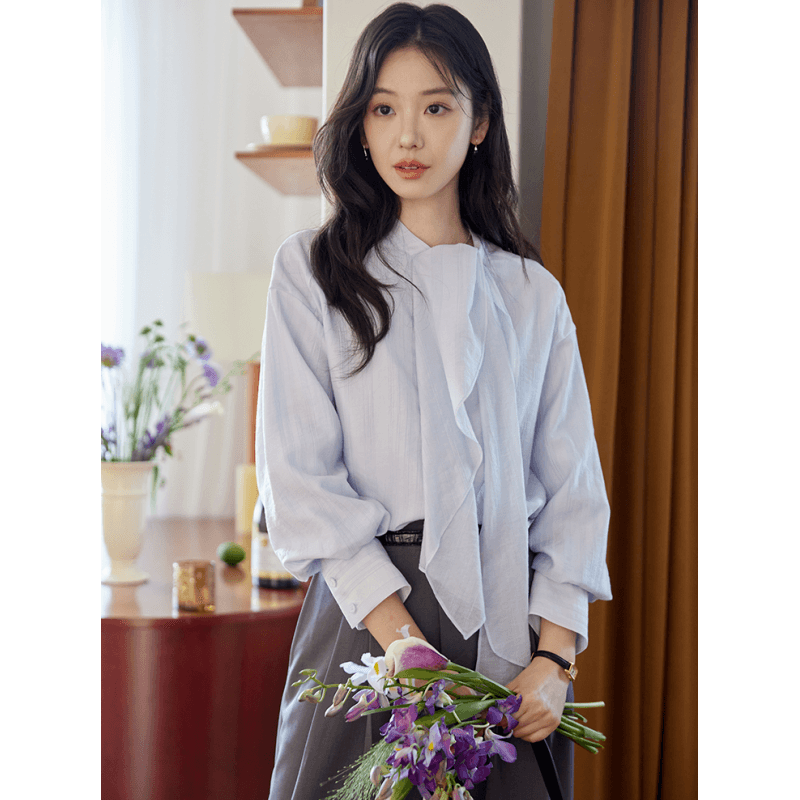 파란색 리본 가을 어깨 스트라이프 긴팔 주간 실크 여성 셔츠 가을 프랑스식 레트로 품격 맨위 이미지 4