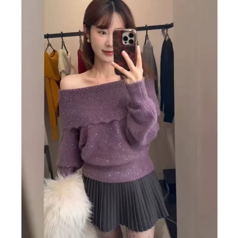 프랑스식 오프숄더 스팽글 보라색 풀오버 만나는 스웨터 여자 가을 겨울철 몸매 가꾸기 오프숄더 인사이드 가져 가라. 니트 스웨터 맨위 이미지 5