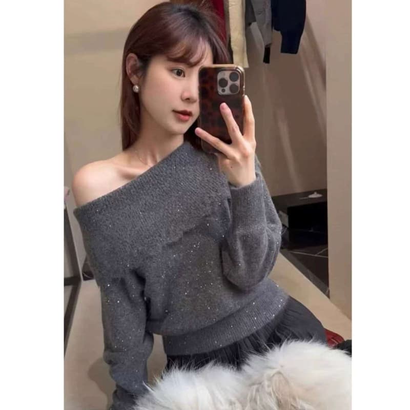 프랑스식 오프숄더 스팽글 보라색 풀오버 만나는 스웨터 여자 가을 겨울철 몸매 가꾸기 오프숄더 인사이드 가져 가라. 니트 스웨터 맨위 상세 이미지 1
