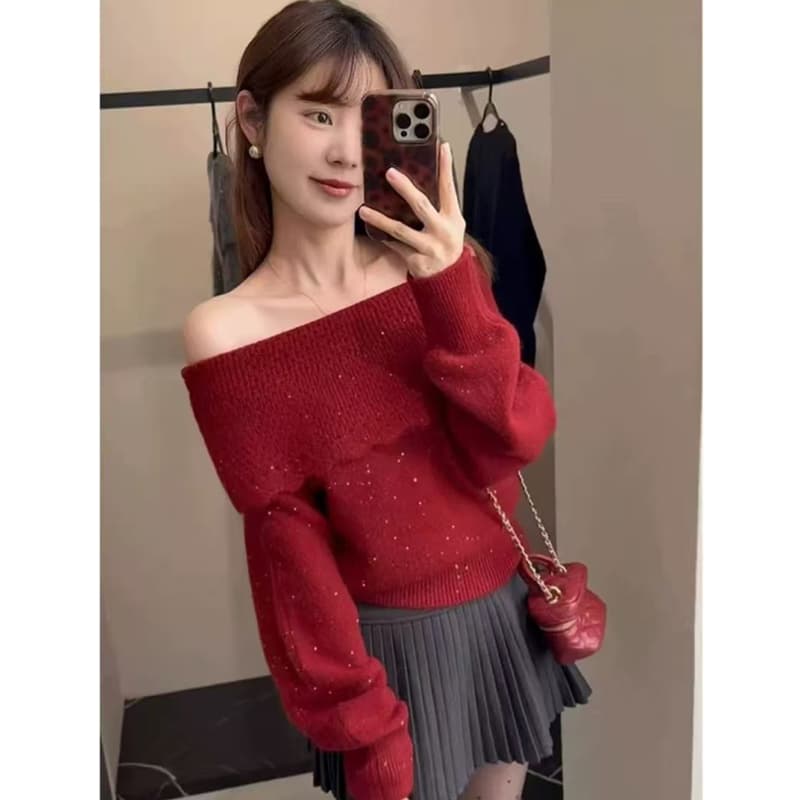 프랑스식 오프숄더 스팽글 보라색 풀오버 만나는 스웨터 여자 가을 겨울철 몸매 가꾸기 오프숄더 인사이드 가져 가라. 니트 스웨터 맨위 상세 이미지 4