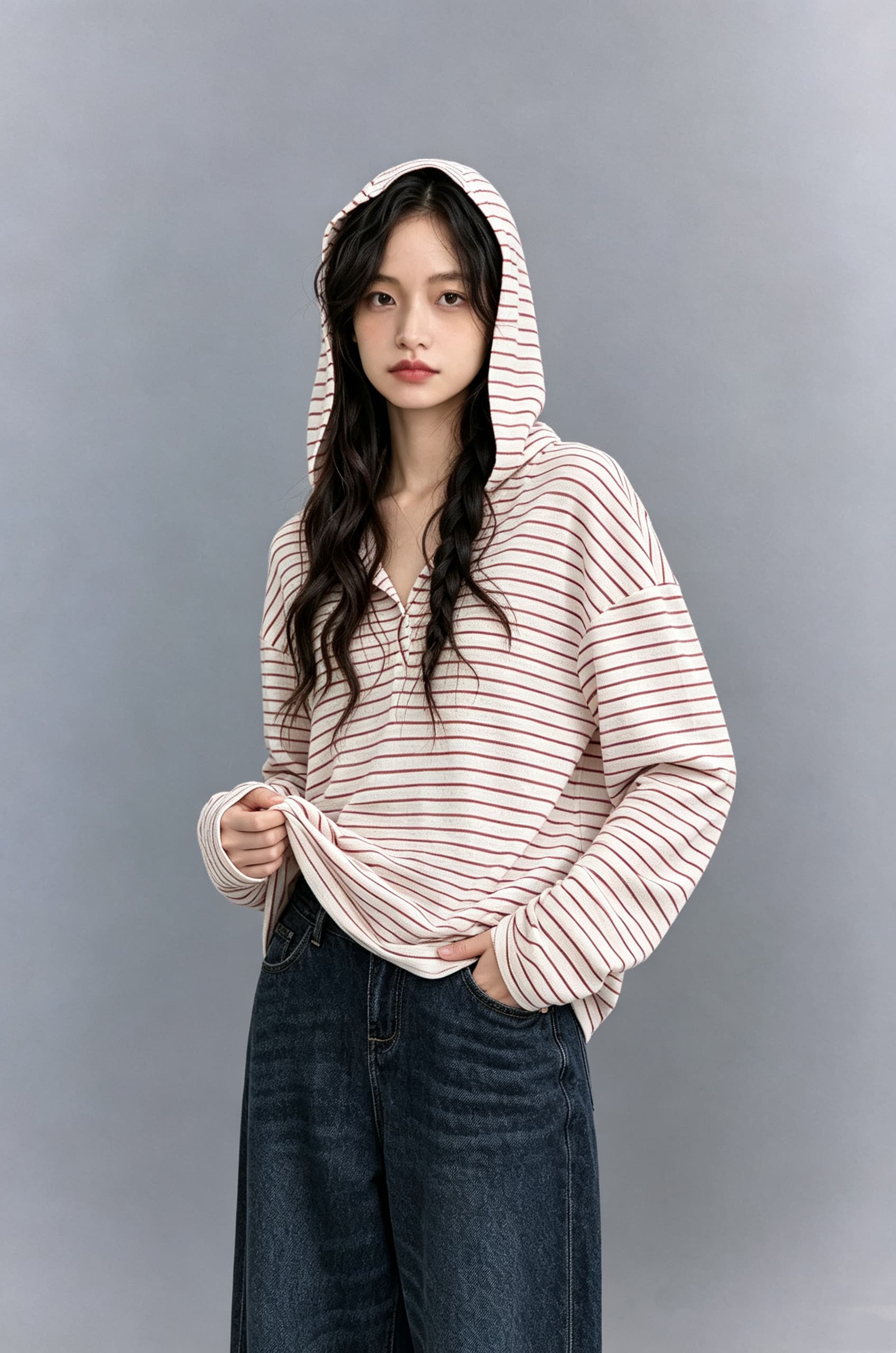 느긋한 계절 가벼움 마이크로 신축성 면 하프 문 을 열 襟 배색 스트라이프 후드 티셔츠 여성 이미지 3