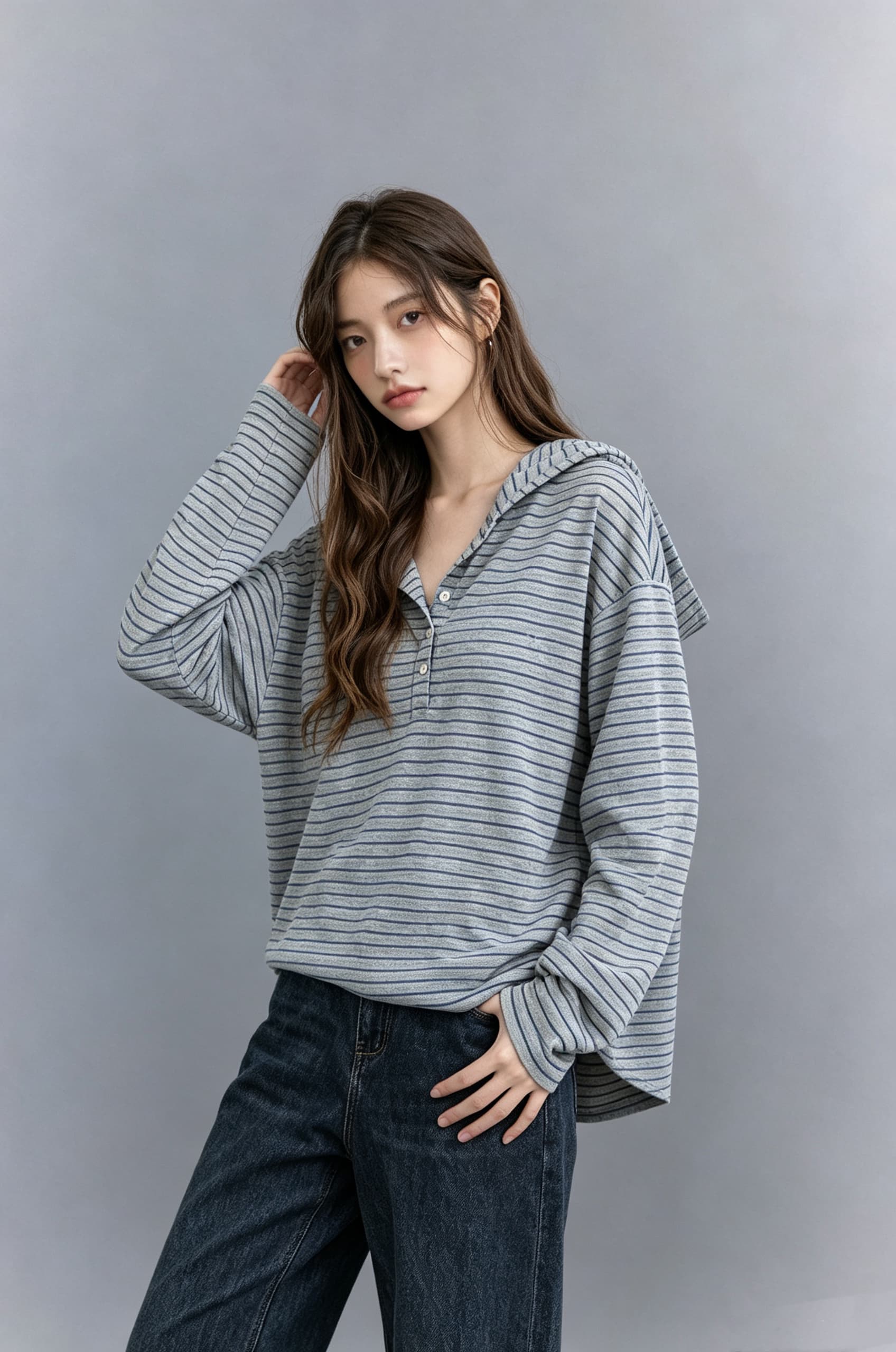 느긋한 계절 가벼움 마이크로 신축성 면 하프 문 을 열 襟 배색 스트라이프 후드 티셔츠 여성 상세 이미지 7