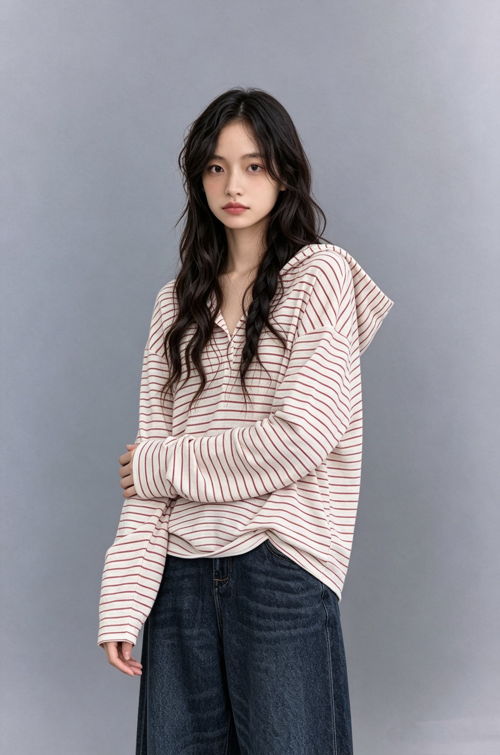 느긋한 계절 가벼움 마이크로 신축성 면 하프 문 을 열 襟 배색 스트라이프 후드 티셔츠 여성 상세 이미지 13