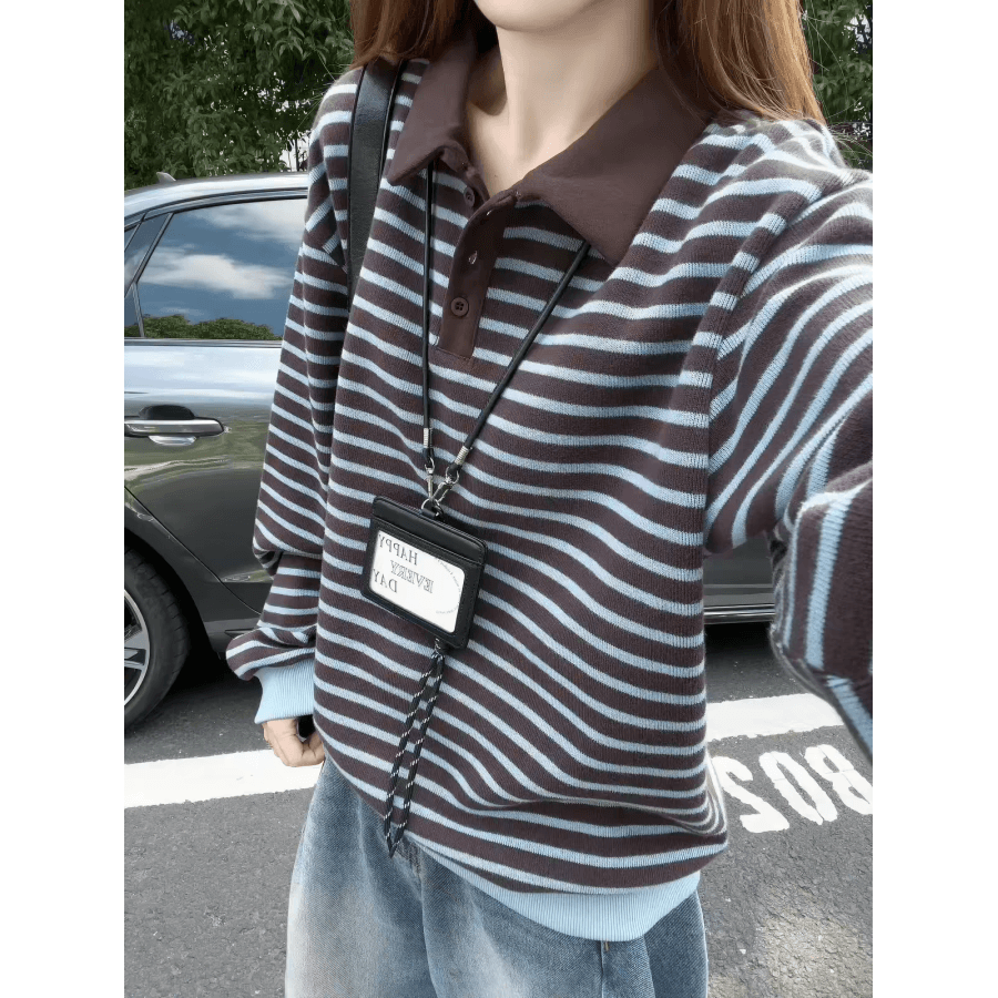 자이언트 잘 생긴 ~ 중 스트라이프 폴로 칼라 니트 스웨터 여성 가을 싱글 착용 POLO 셔츠 이른 가을 한 부서 착용 가져 가라. 느긋한 바람 맨위 상세 이미지 1