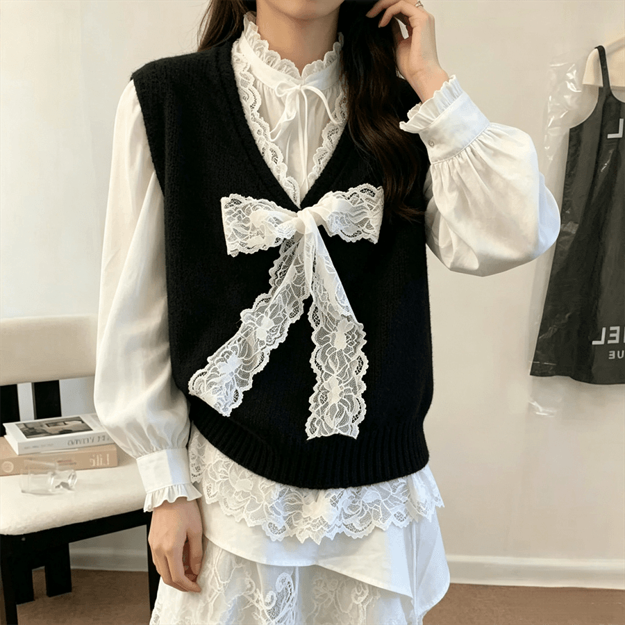 작은 샤넬 스타일 레이스 나비 매듭 V넥 조끼 여성 가을 겨울 스택 착용 고급 센스 니트 베스트 민소매 맨위 상세 이미지 1