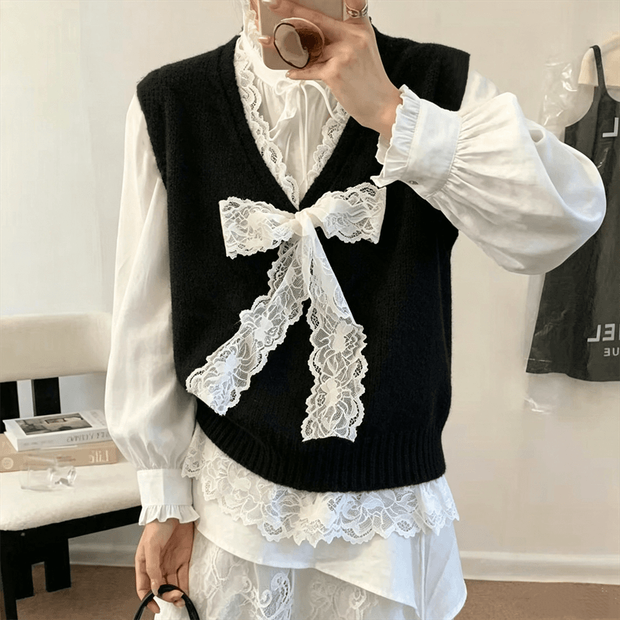 작은 샤넬 스타일 레이스 나비 매듭 V넥 조끼 여성 가을 겨울 스택 착용 고급 센스 니트 베스트 민소매 맨위 상세 이미지 3