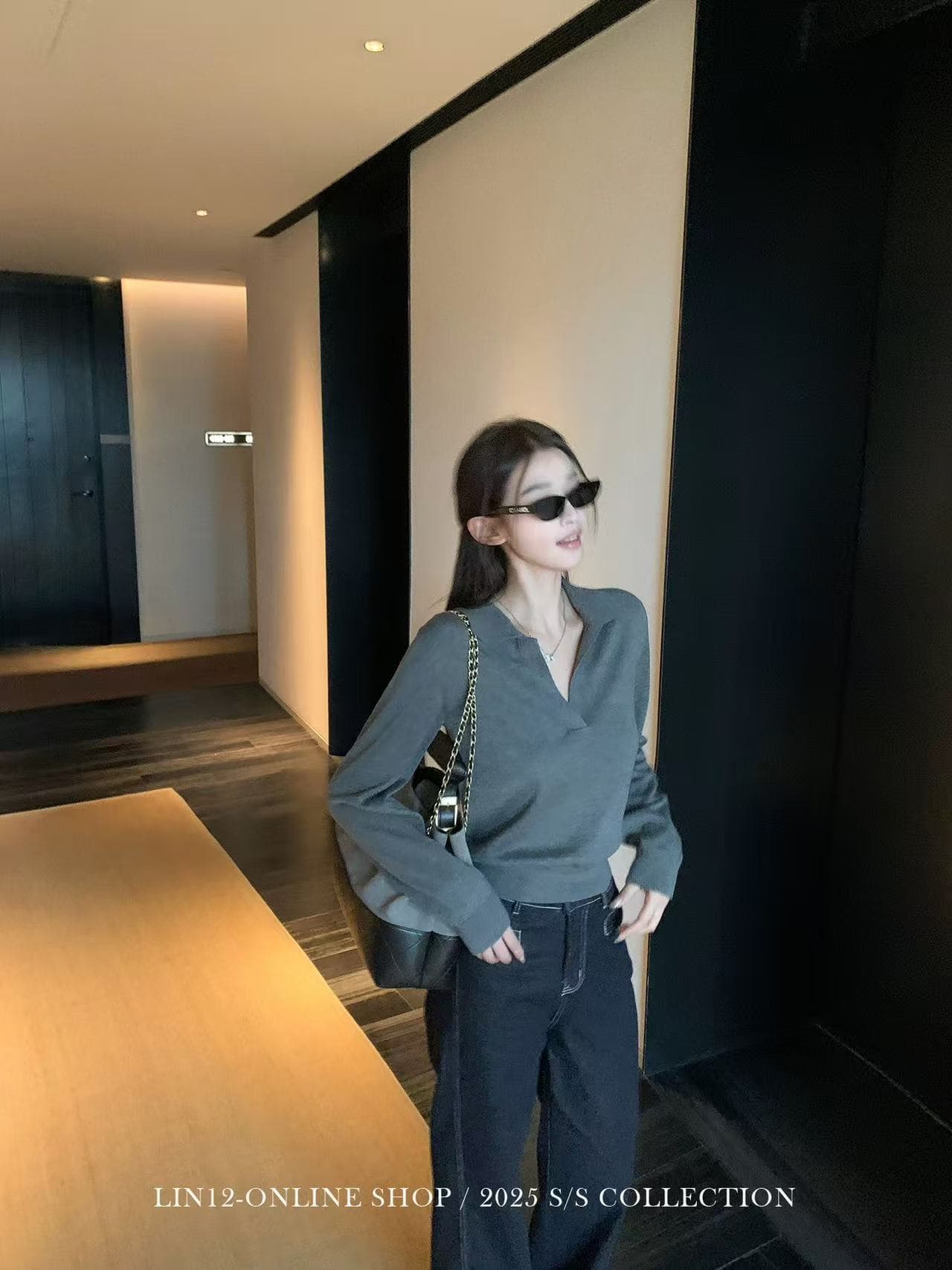 lin12- 높음 지혜 빛 사람들 스웨터 오래된 돈 바람 POLO 칼라 니트 스웨터 여성 느긋한 캐주얼 V넥 긴팔 맨위 상세 이미지 2