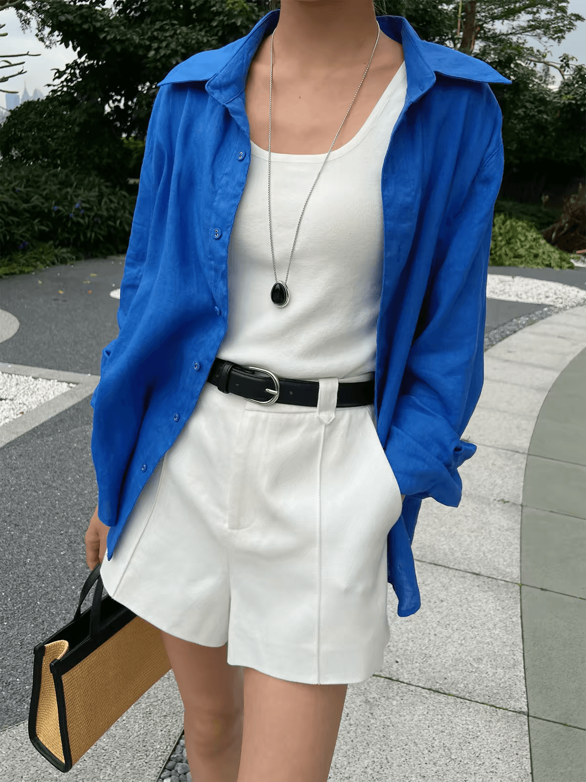 순수 린넨 질감 폴로 칼라 파란색 긴팔 여성 셔츠 익스트림 제인 루즈핏 다용도 프랑스식 맨위 캐주얼 셔츠 2026 이미지 4