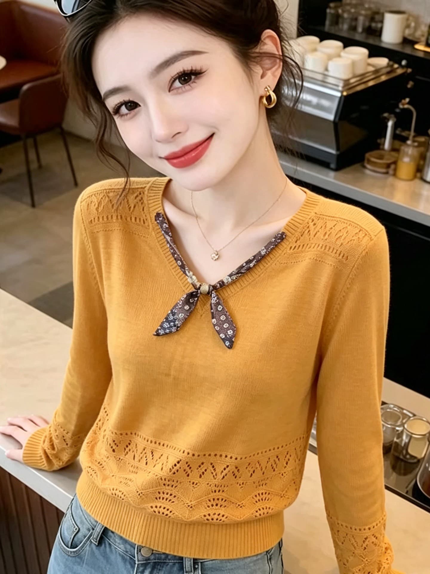 한 부서 바람 우아함 스카프 칼라 홀로우 아웃 긴팔 니트 스웨터 여성 이른 가을 새로운 루즈핏 슬림해 보이는 외국 가스 다용도 맨위 상세 이미지 2