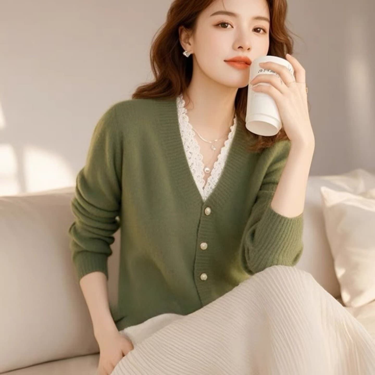 캐주얼 잘 생긴 여성 의류 2026 봄 가을 새로운 패치워크 색상 V넥 레이스 레이스 페이크 레이어드 긴팔 얇은 니트 오픈 가디건 상세 이미지 4