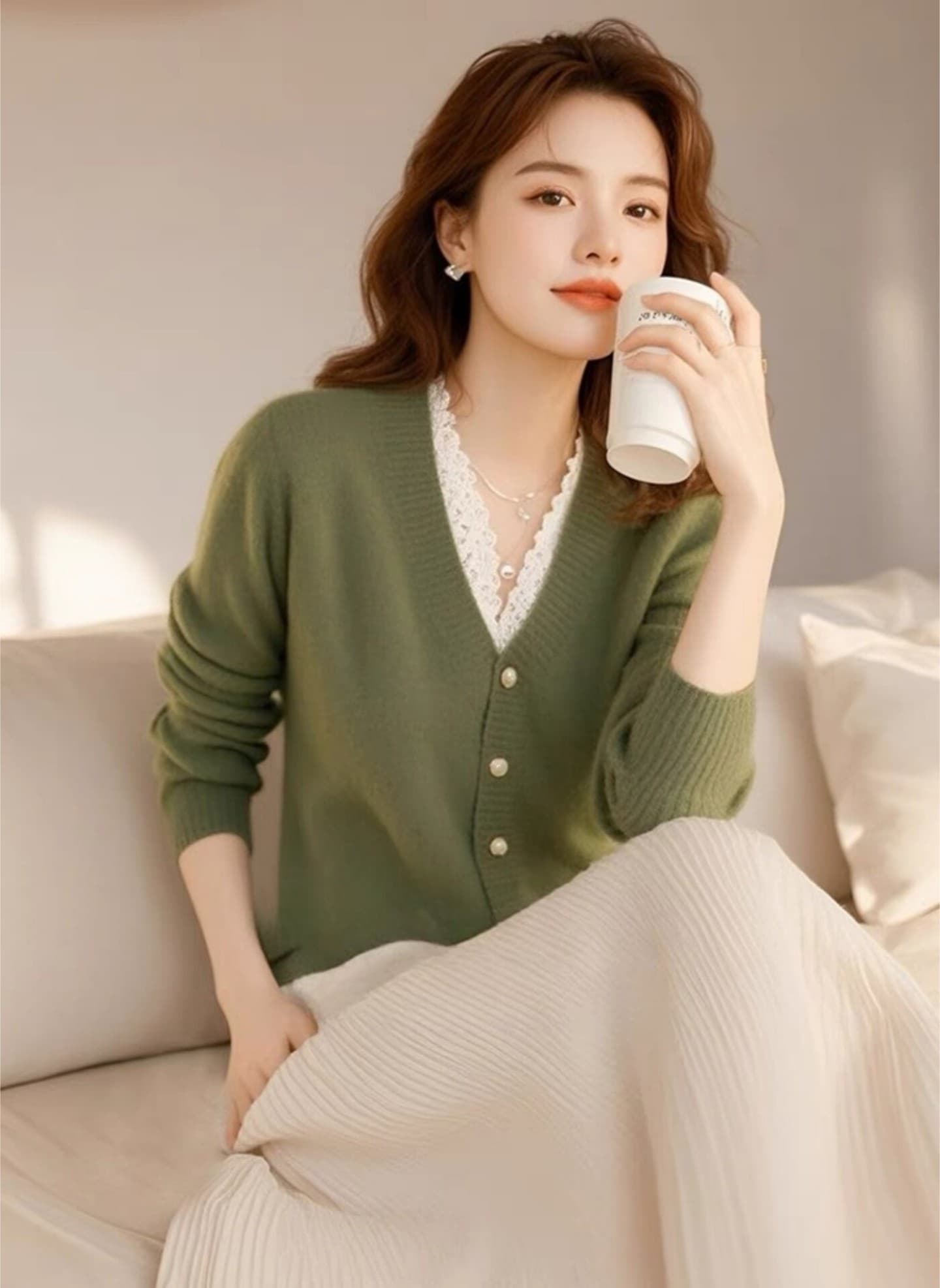 캐주얼 잘 생긴 여성 의류 2026 봄 가을 새로운 패치워크 색상 V넥 레이스 레이스 페이크 레이어드 긴팔 얇은 니트 오픈 가디건 상세 이미지 5