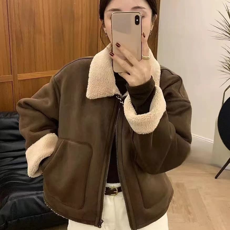 유럽 상품 고급 센스 피모 하나 양털 여성 코트 가을 겨울 두꺼운 폴로 칼라 오토바이 서비스 재킷 맨위 상세 이미지 2