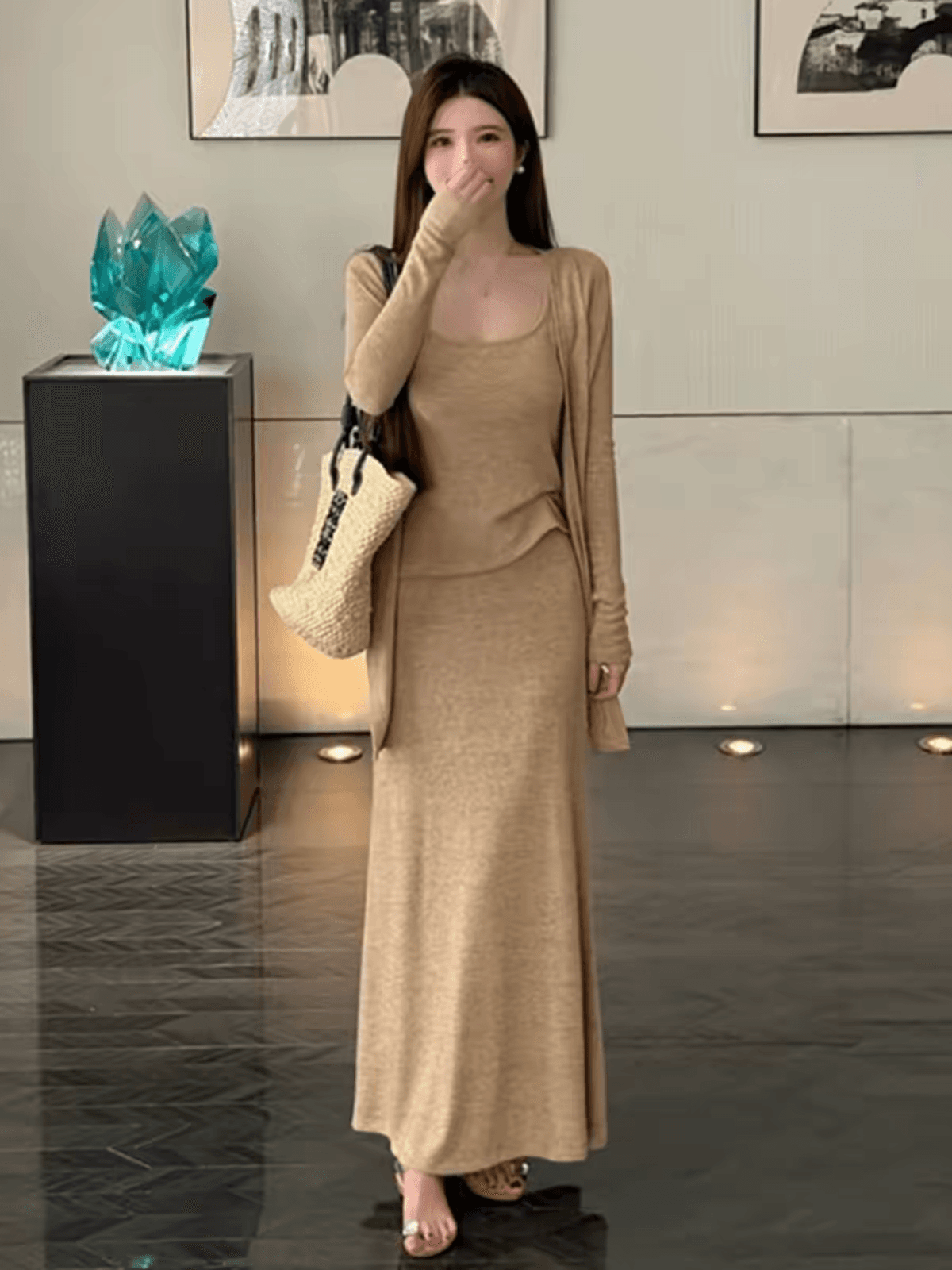 가을 패션 착용 가져 가라. 에이즈 환자 여성 세트 순수한 욕망 바람 긴팔 오픈 가디건 핫걸 캐미솔 슬림해 보이는 롱 스커트 3종 세트 이미지 2