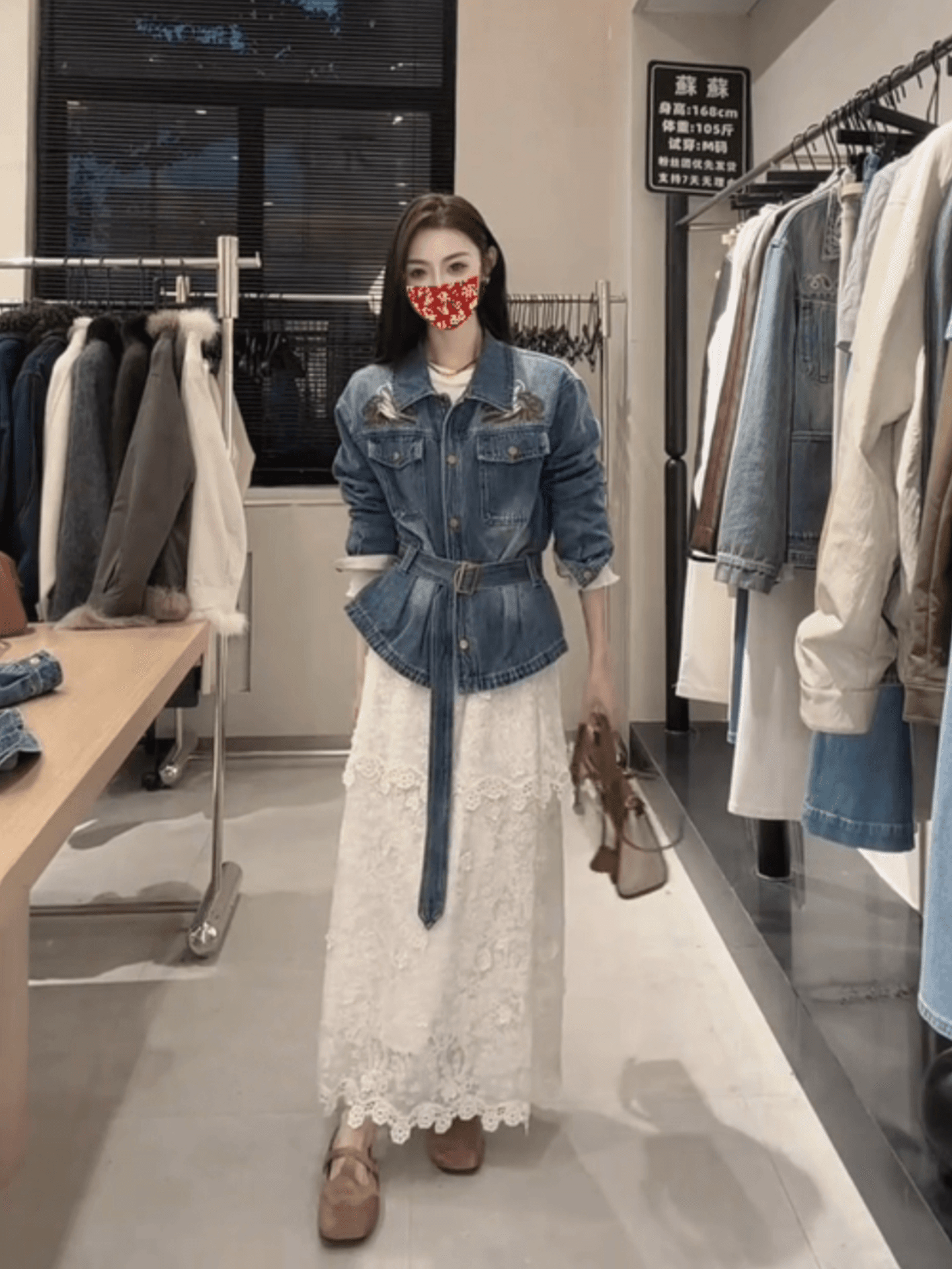 항구 바람 레트로 무거운 작업 자수 데님 여성 코트 폴로 칼라 허리 수축 레이스업 외국 가스 슬림해 보이는 다용도 재킷 맨위 트렌디 이미지 2