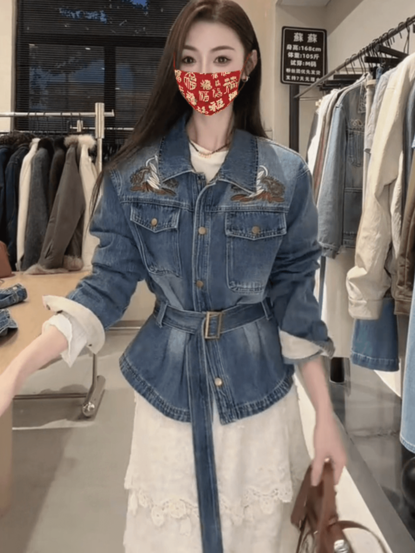 항구 바람 레트로 무거운 작업 자수 데님 여성 코트 폴로 칼라 허리 수축 레이스업 외국 가스 슬림해 보이는 다용도 재킷 맨위 트렌디 상세 이미지 3