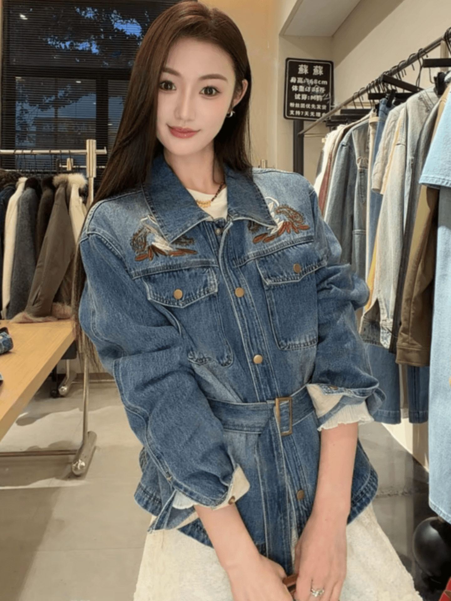 항구 바람 레트로 무거운 작업 자수 데님 여성 코트 폴로 칼라 허리 수축 레이스업 외국 가스 슬림해 보이는 다용도 재킷 맨위 트렌디 상세 이미지 6