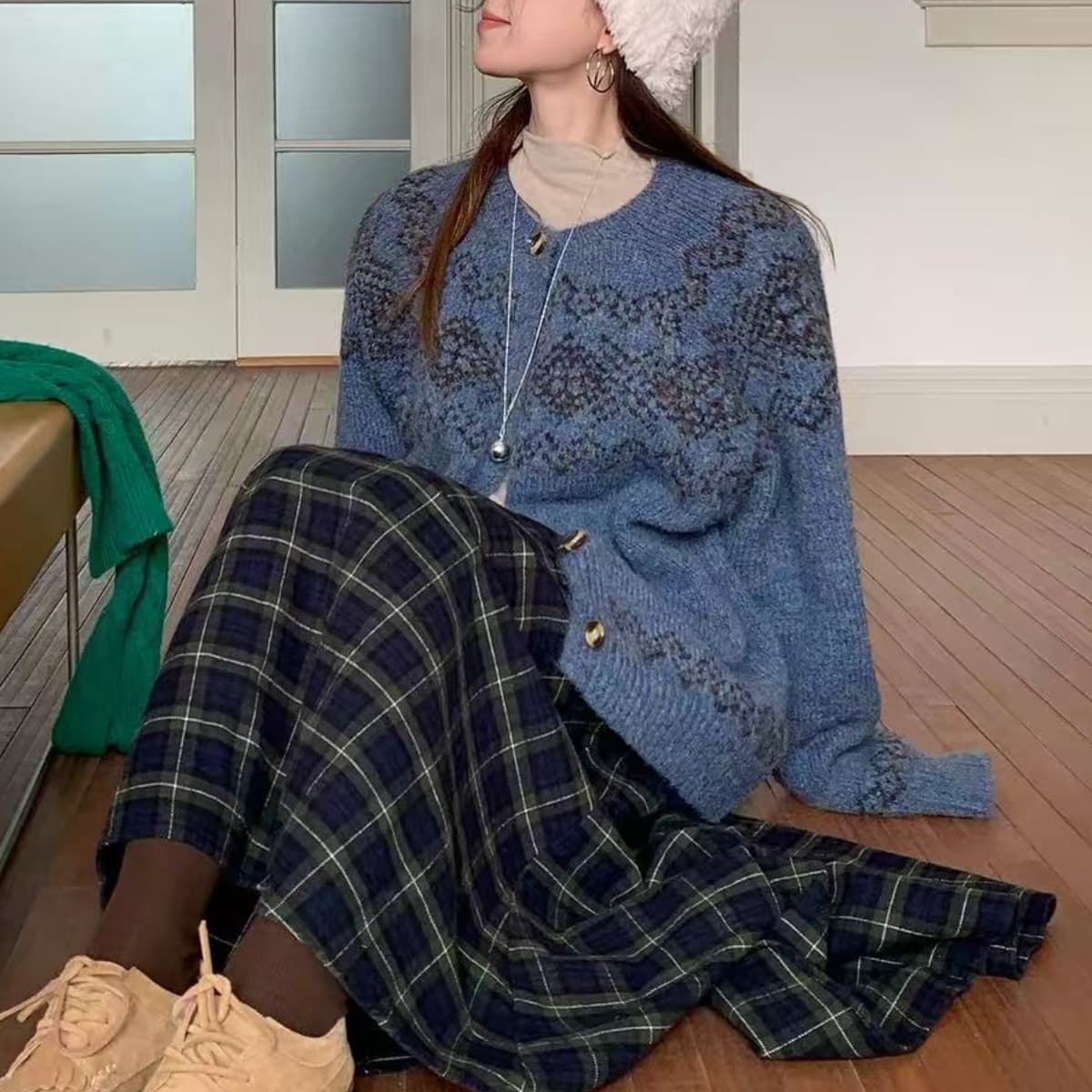 겨울 한 부서 새로운 공정한 섬 레트로 자카드 혼합 실 루즈핏 스웨터 니트 오픈 가디건 여성 셔츠 상세 이미지 1