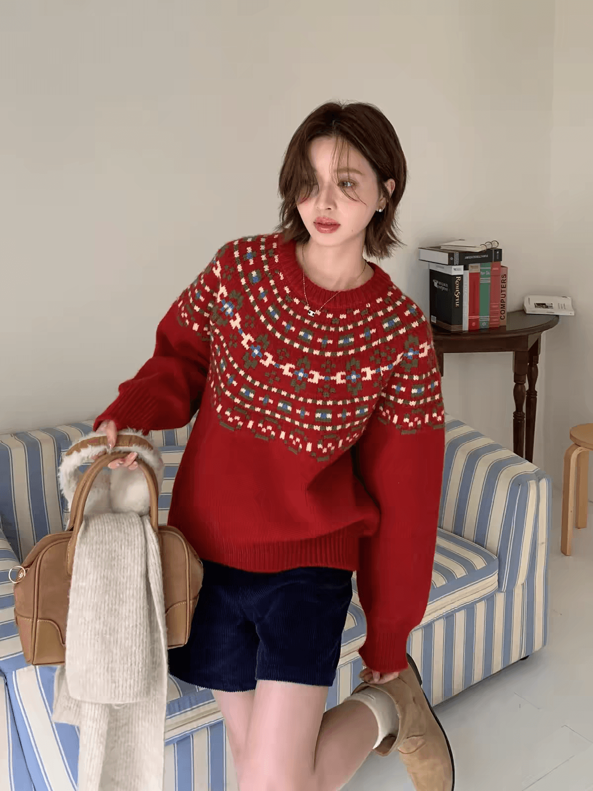 레트로 공정한 섬 스웨터 가을 겨울 소녀 느긋한 고급 센스 무거운 작업 자카드 라운드 넥 풀오버 두꺼운 양모 니트 스웨터